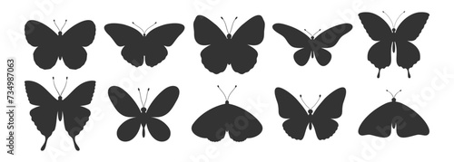 Butterfly silhouettes set. Simple black shapes of wings butterflies and moths, tattoos. Vector illustration, insect icons