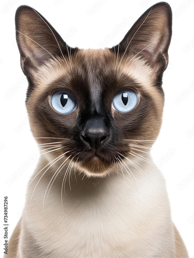 Siamese cat head shot portrait isolated cutout on transparent background.