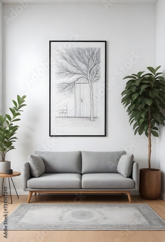 A minimalist living room with a light gray sofa, a gray throw blanket, a small wooden side table with a vase and branches, a round metal magazine holder, a framed wall art of a line drawing © JazzRock