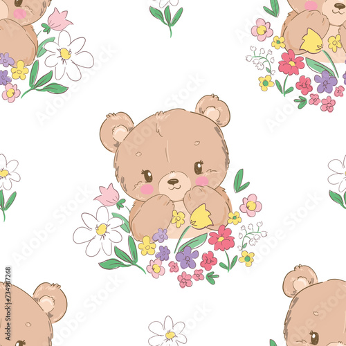 Hand Drawn Cute little Bear and flowers seamless pattern  vector illustration kids design
