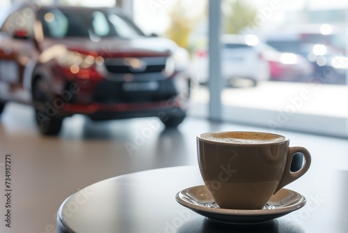 coffee cup on table, car showroom soft in the background