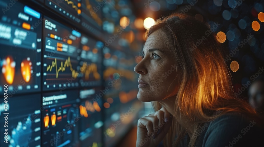 A concentrated woman closely monitors and analyzes complex data on high-tech digital screens in a modern control room. A concentrated woman closely monitors and analyzes complex data on high-tech digital screens in a modern control room.