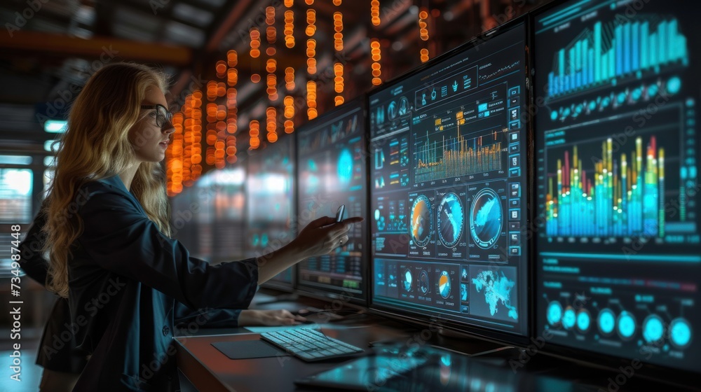 Focused female data analyst working with complex data visualization and analysis on high-tech digital screens in modern office. Focused female data analyst working with complex data visualization and analysis on high-tech digital screens in modern office.