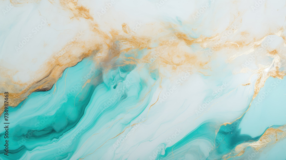 Marble abstract background. Liquid marble texture.  Fluid acrylic art. White turquoise green blue marble with golden veins. Modern marbled design