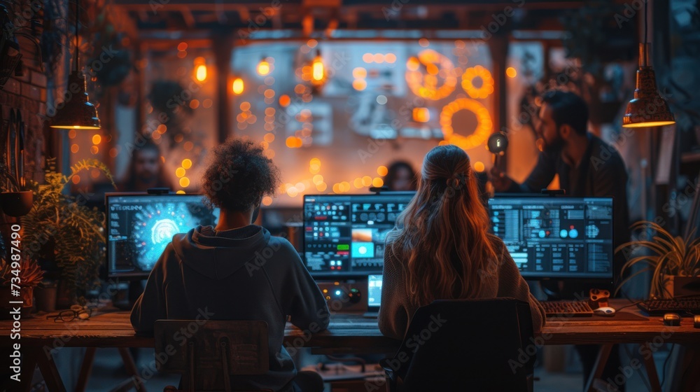 Two people collaboratively working on advanced computer setups in a cozy, modern tech office with ambient lighting.