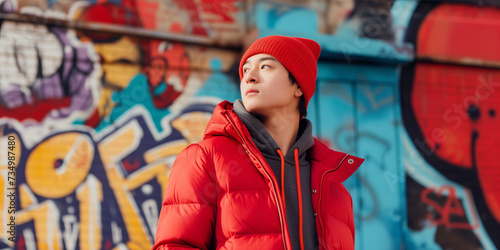 Young Man in Red Winter Clothing Against Graffiti Wall