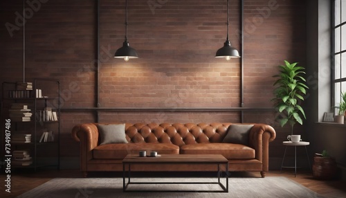 A classic vintage-style living room with a brown leather Chesterfield sofa, industrial pendant lights hanging from the ceiling, and a brick wall in the background