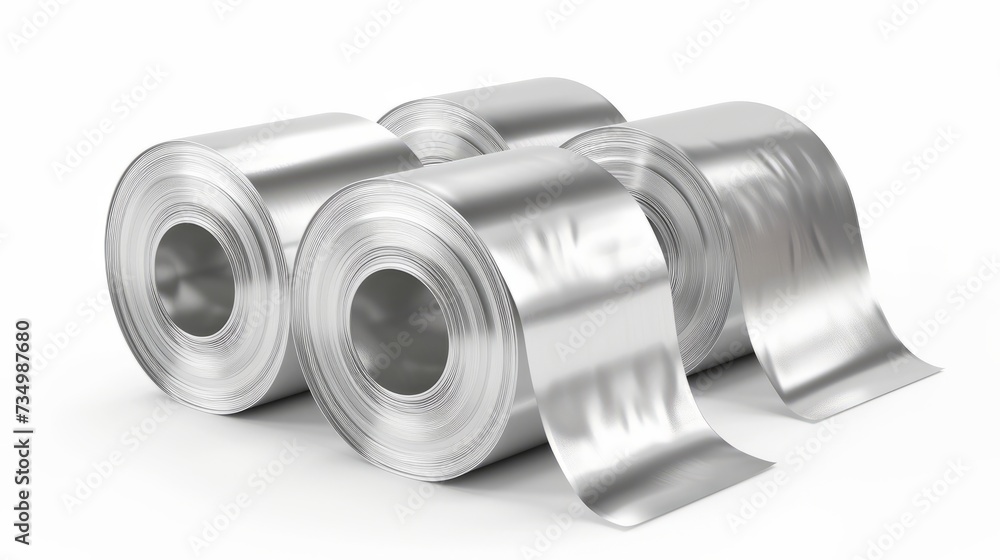 four roll of aluminum profile isolated on white background. 3D rendering. AI generative. four roll of aluminum profile isolated on white background. 3D rendering. AI generative.