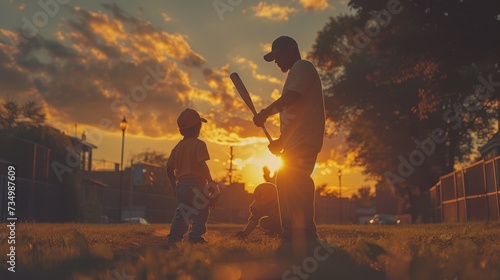 Handsome dad with his little cute sun are playing baseball on green grassy lawn