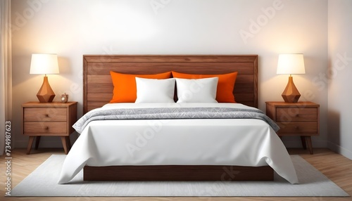  A neatly made bed with white linens and patterned pillows, flanked by a wooden headboard and a nightstand with an orange lamp. The environment suggests a tidy hotel room or a modern bedroom interio photo