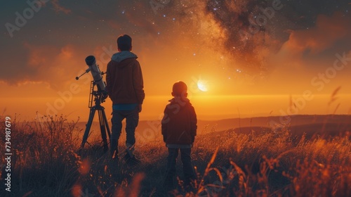 Man and child looking at stars through telescope. Family camping and hiking fun. Outdoor astronomy hobby. Parent and kid watch night sky with milky way. Boy observing planets and moon. photo