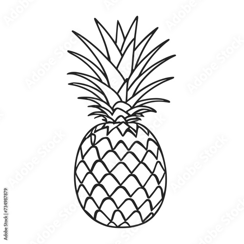 Black and white line illustration of a pineapple with intricate details showcasing the texture of the fruit and spiky leaves.