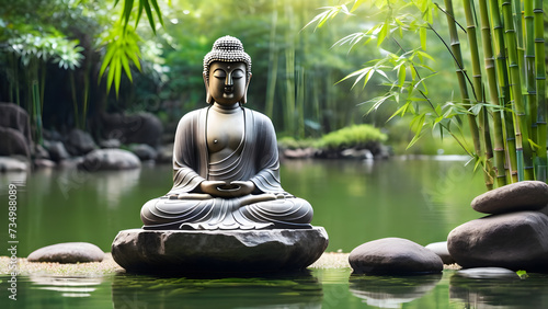 buddha statue on a rock lakeside natural spa background with Asian spirit tranquility in green nature