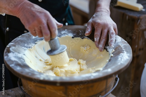 person using traditional churn to make butter