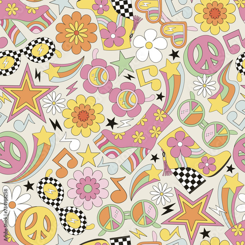 Groovy disco cocktail party accessories retro sunglasses sexy platform shoes vector seamless pattern. 60s 70s 80s retro hippie discotheque background.
