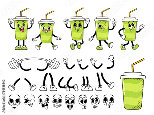 Cartoon Retro Groovy Soda Cup Character Construction Kit. Vector Set Of 70s Comic Faces, Legs, Hands, Emotion Collection