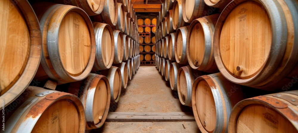 Modern wine cellar with wooden barrels winery industry environment background for wine production Modern wine cellar with wooden barrels winery industry environment background for wine production