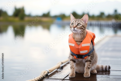 cat in a life vest, sitting on a dock with water around