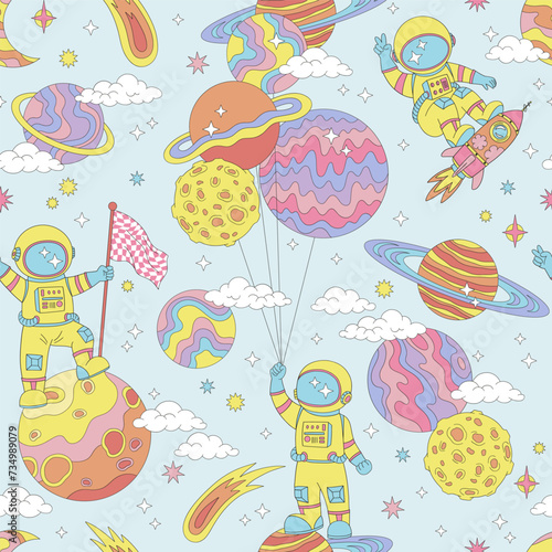 Groovy cartoon astronaut in spacesuit on the moon on rocket spaceship with planet shape air balloons vector seamless pattern. Retro 60s 70s 80s space galaxy universe cosmonautics celestial light