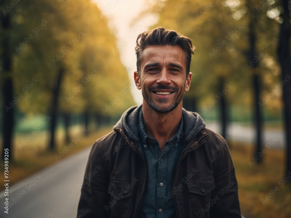 Happy man standing on road in front of trees, walking exercise in the morning Happy man standing on road in front of trees, walking exercise in the morning