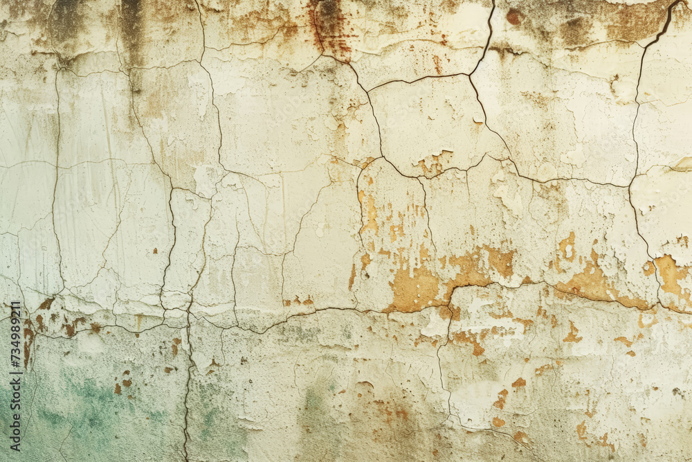 Cracked and peeling paint on a stained wall.