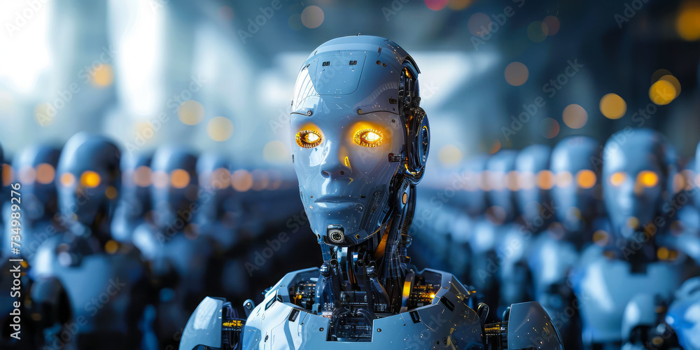 Futuristic robot with human-like features leading an army of androids, symbolizing the rise of artificial intelligence Futuristic robot with human-like features leading an army of androids, symbolizing the rise of artificial intelligence