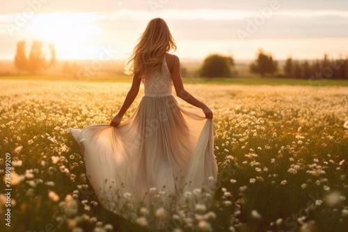 A woman in the dress walking through the field with the wildflowers