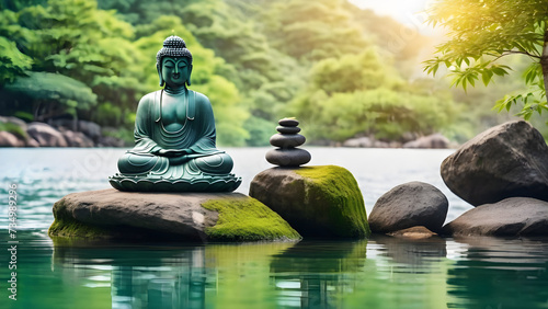 buddha statue on a rock lakeside natural spa background with Asian spirit tranquility in green nature