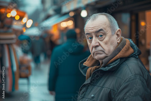 Fictional person looking into the camera during a winter street market. Concept of radically real moments and authentic visuals of daily life.    photo