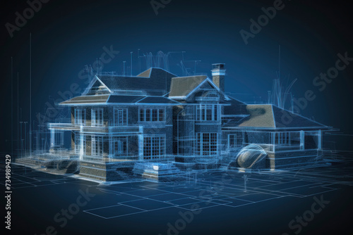 Digital Blueprint of Suburban House Construction