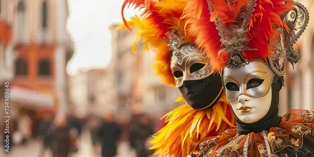 Mysterious Couple in Venetian Carnival Costumes and Masks