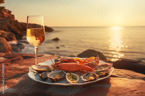 Pairing seafood dish with glass of white wine, Generative AI