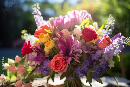 Bouquet of assorted flowers in vase outdoor close up, wallpaper background