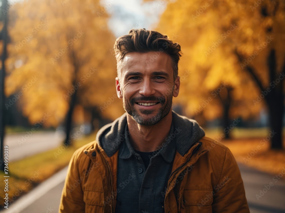 Happy man standing on road in front of trees, walking exercise in the morning Happy man standing on road in front of trees, walking exercise in the morning