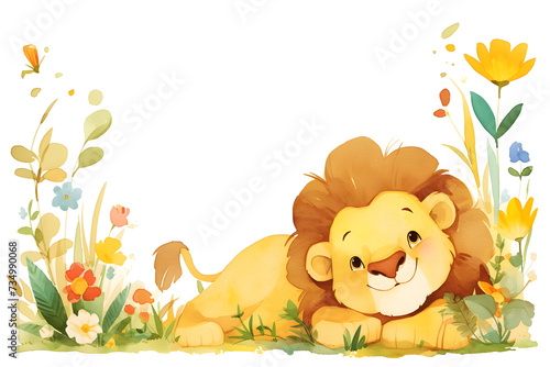 Cute cartoon lion frame border on background in watercolor style.
