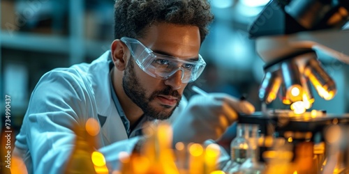 An attentive, bearded scientist in a laboratory conducts medical research and chemical experiments with precision.