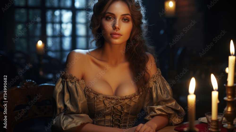 Pretty lady. In the enchanting ambiance of a tavern, a beautiful girl captivates with her charm, adding allure to the conviviality of this social gathering. Pretty lady. In the enchanting ambiance of a tavern, a beautiful girl captivates with her charm, adding allure to the conviviality of this social gathering.