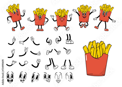Cartoon Retro Fast Food French Fries Groovy Character Construction Kit. Classic Potato Personage Poses, Expressions