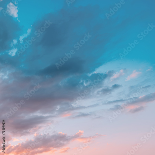Pastel delicate blue and pink clouds. Sunrise