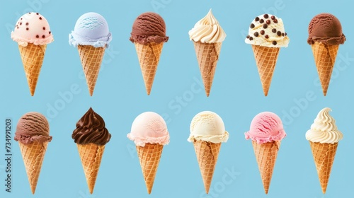 Assorted Ice Cream Cones on Blue Background