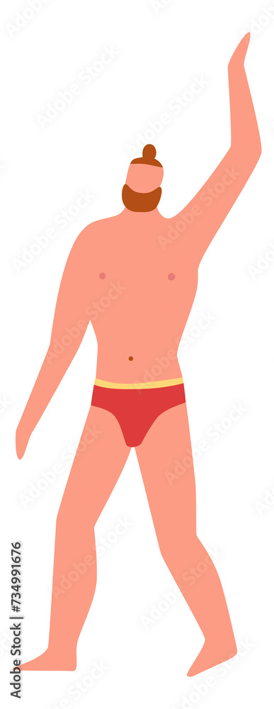 Bearded man on beach. Summer rest character in swimming trunks Bearded man on beach. Summer rest character in swimming trunks