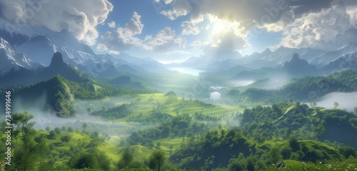 A peaceful morning unfolds as sunlight breaks through the clouds, casting a warm, ethereal light over a verdant valley nestled between towering mountains