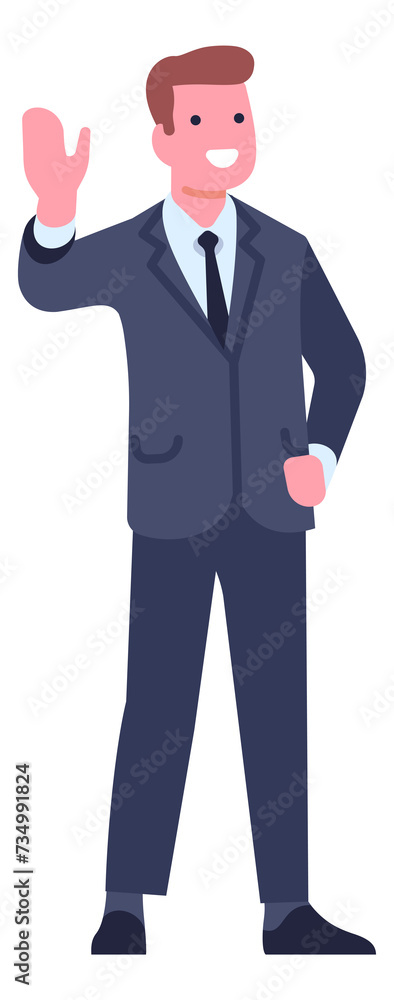 Greeting businessman character. Friendly office worker character