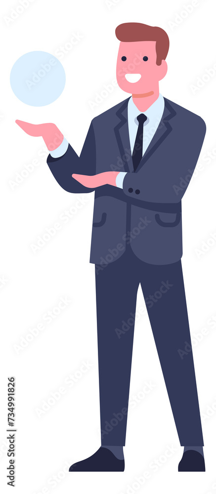 Businessman character. Man in suit hold on hand and looking at something Businessman character. Man in suit hold on hand and looking at something