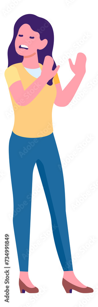 Cartoon woman refusing gesture. Negative emotion decline