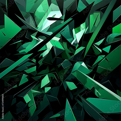 A black and green colored abstract, in the style of dark green and light emerald, cubist shattered planes, abstraction-création, 1:1. photo