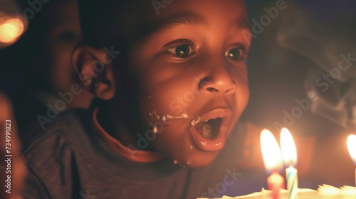 Excitement in Close-up: Boy Blowing Out Birthday Cake Candles