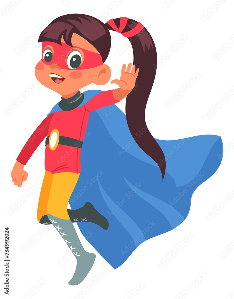 Funny gril in superhero cape. Cartoon happy kid Funny gril in superhero cape. Cartoon happy kid