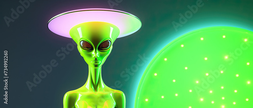 A fictional green alien in an electric blue jacket, looking at the camera.