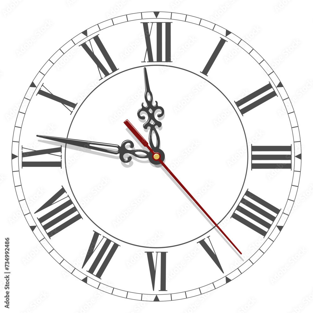Vector elegant antique dial with roman numerals and curly hands Vector elegant antique dial with roman numerals and curly hands
